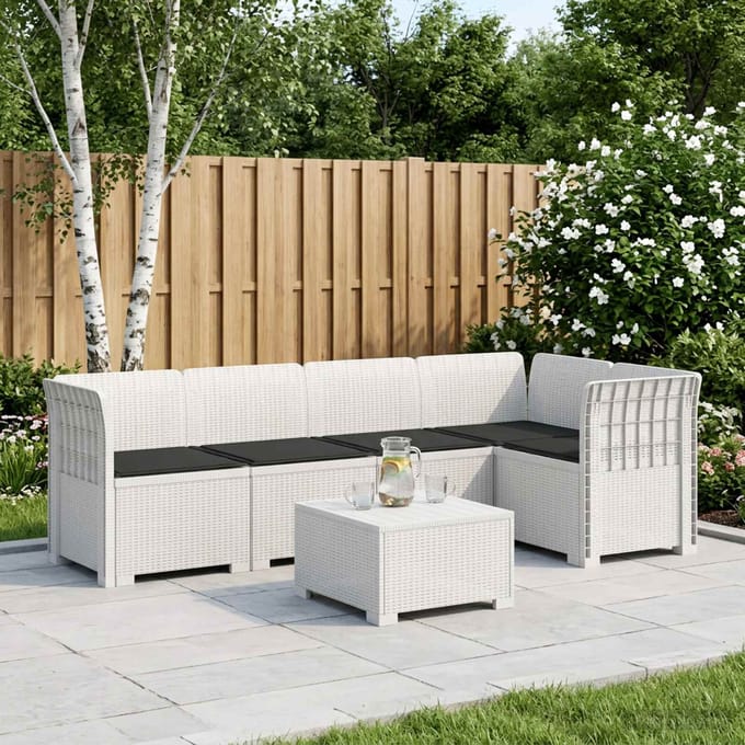 vidaXL - 5-Zits - Tuinbank - met - Kussens - Rattanlook - PP - Wit
