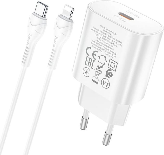 Hoco USB-C Snellader 25W PD + USB-C naar Lightning Kabel 1M Wit
