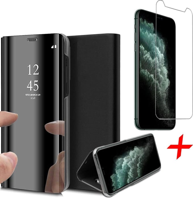Hoesje geschikt voor iPhone 11 Pro - Screen Protector GlassGuard - Book Case Spiegel Zwart & Screenprotector