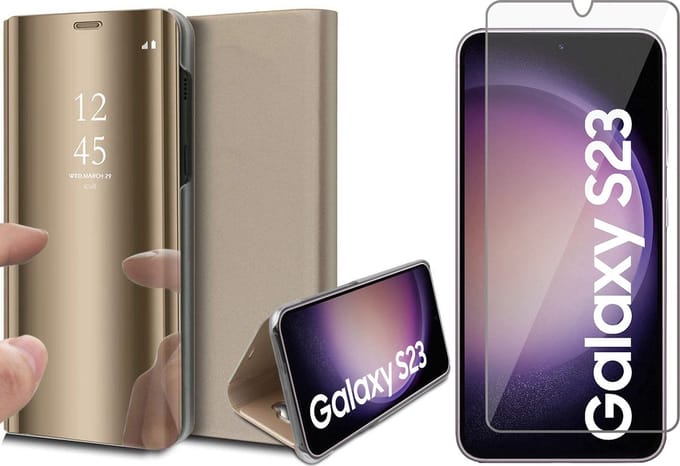 Hoesje geschikt voor Samsung Galaxy S23 - Screen Protector GlassGuard - Book Case Spiegel Goud & Screenprotector