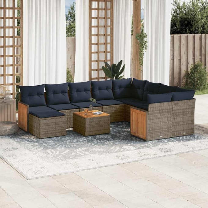 vidaXL - 11-delige - tuinbankset - met - kussens, - grijs - polyrotan