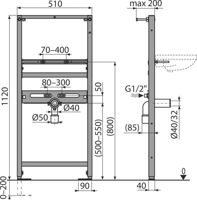 Alcadrain Inbouwreservoirs - Wastafel inbouwframe, bouwhoogte 1,12 m A104/1120