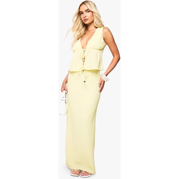 boohoo Dames Kralengetextureerde maxi-rok met trekkoord | Lemon | Maat: 12