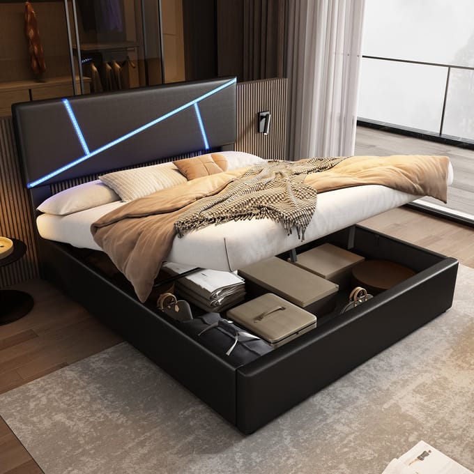 MODFU Bedframe 140x200 cm – zwart PU – met LED, hydraulische opbergruimte en lattenbodem