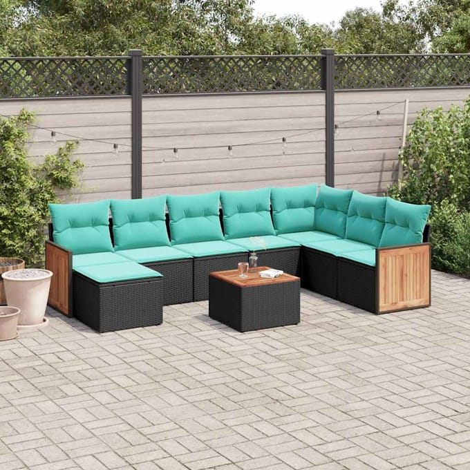 vidaXL - 9-delige - tuinbankset - met - kussens - van - zwart - polyrotan