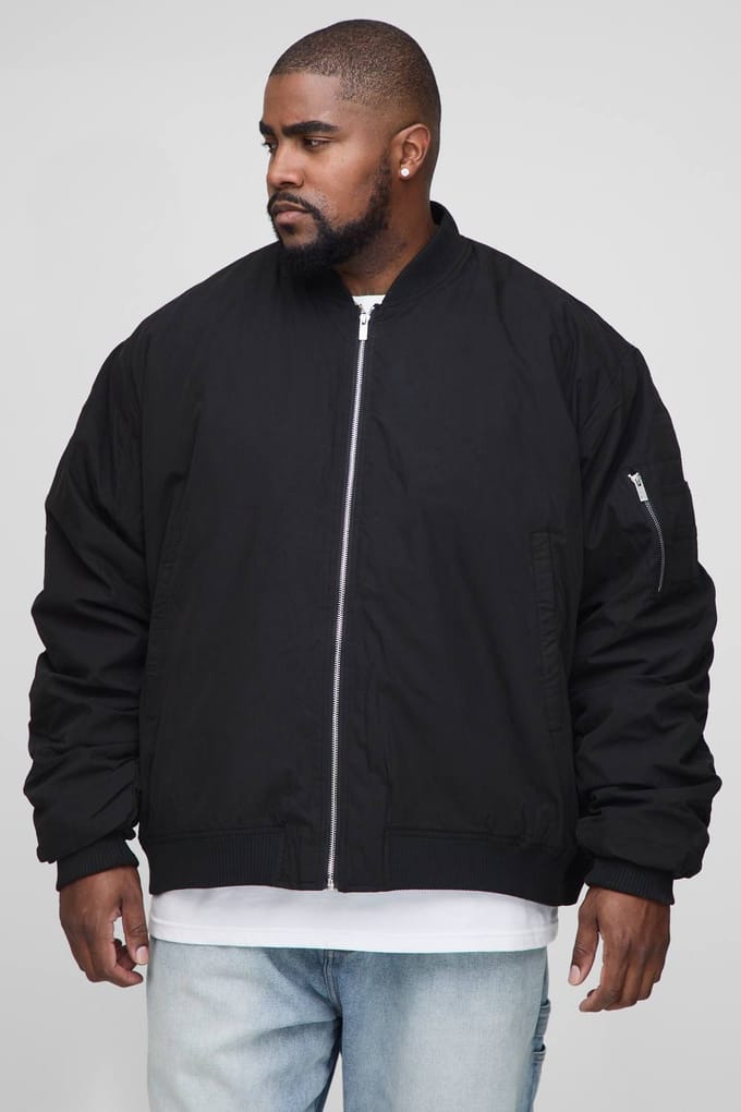 Plus Peached Embroidered MA1 Bomber Jacket | Black | Size 2XL