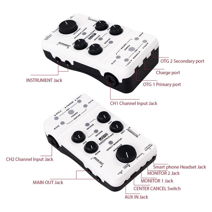 JOYO MOMIX PRO Audiomixer Type-C Telefoonvoeding Plug and Play USB Audio-interface Stereo XLR + 48V wit