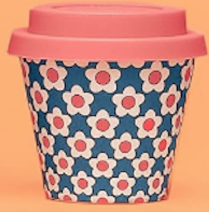Quy Cup - 90ml Ecologische Reis Beker - Espressobeker “Daisy Blue” met Rode Siliconen deksel