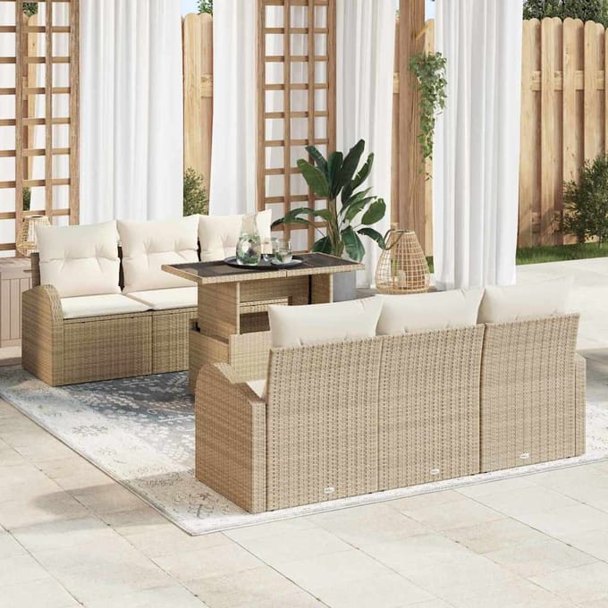 vidaXL Tuinbank Set met kussen met opslag 7 pcs Beige Poly Riet