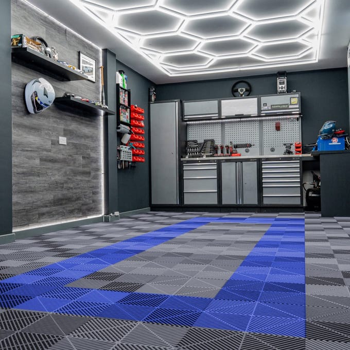 Hexagon led + garagevloertegels - grijs/blauw - 19,2m² - 14 leds