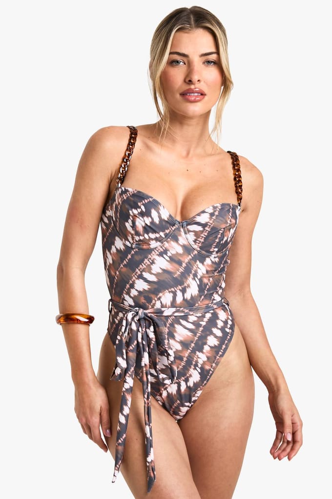 boohoo Dames Tie Dye Print Kettingband Tie Front Onderbeugelde Badpak | Maat: 36