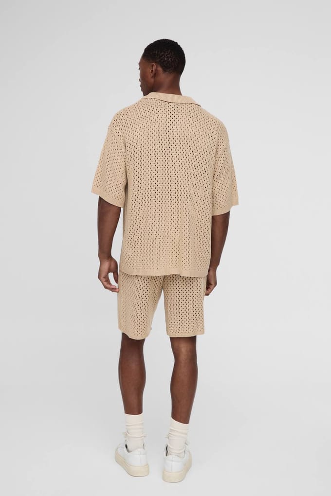 Relaxed Fit Embroidered Crochet Look Knitted Short | Brown | Size Small