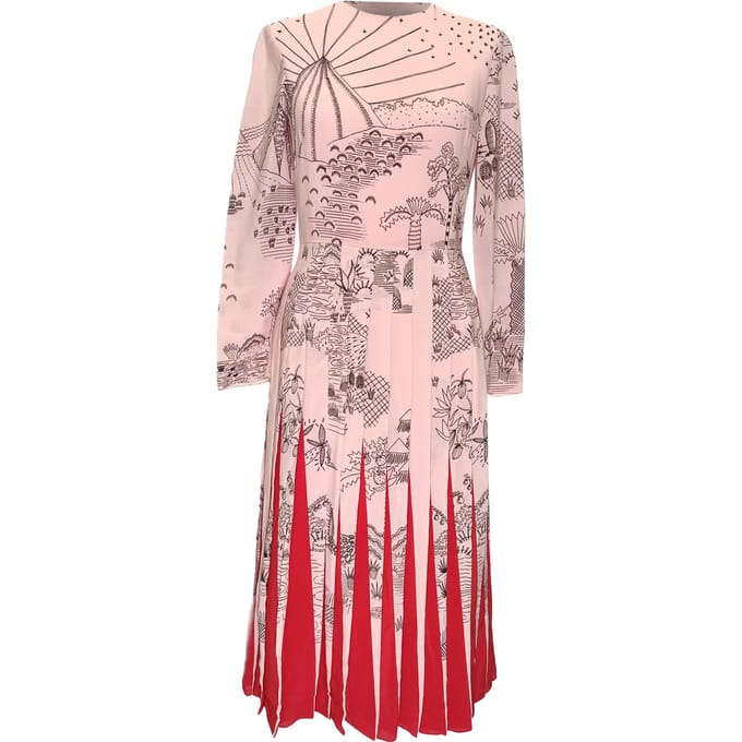 Valentino landschap-print midi-jurk in roze zijde
