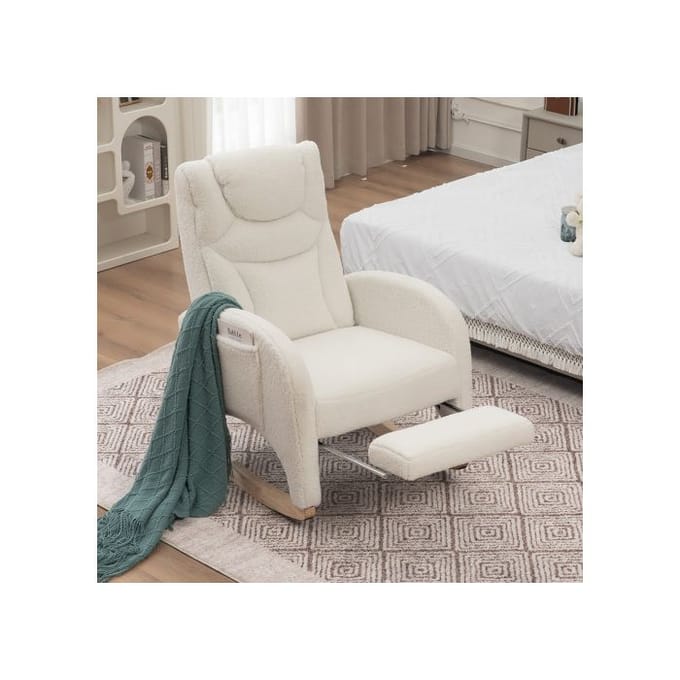 Fauteuil à bascule - MUVOE - Lounge - Tissu Teddy - Repose-pieds pliable - Support 110 kg