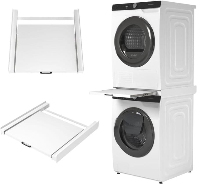 Tussenstuk Wasmachine Droger - Stapelkit XL - Ruimte Besparen - Uitschuifbaar Plateau - 62 cm Diep - Wit