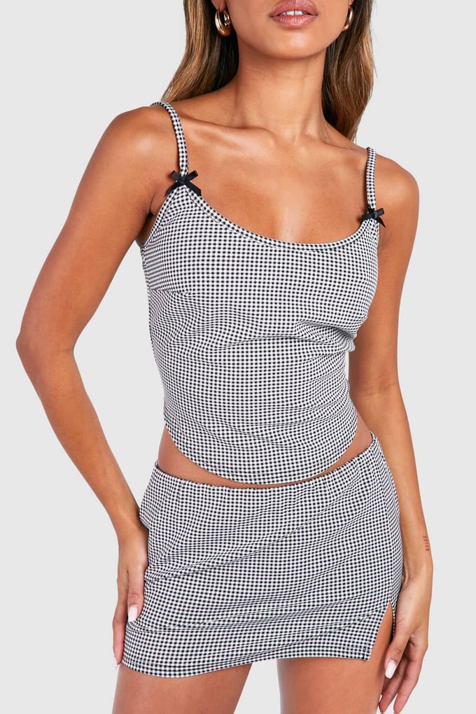 boohoo Dames Mini Check Bow Detail Crop & Low Rise Mini Rok | Zwart | Maat: 40