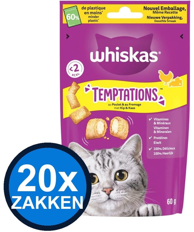 20x Whiskas - Temptations Kip & Kaas - Kattenvoer Snacks - 60 g