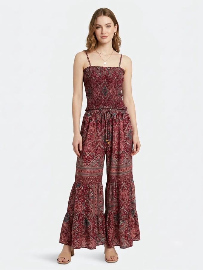 Dames Kleding set - Top met broek - 1018 - One size (36-40) donkerrood/roze/groen
