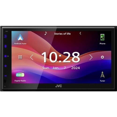 JVC Autoradio met scherm dubbel DIN Apple CarPlay, Android Auto, Aansluiting voor achteruitrijcamera, DAB+ tuner, Bluetooth handsfree