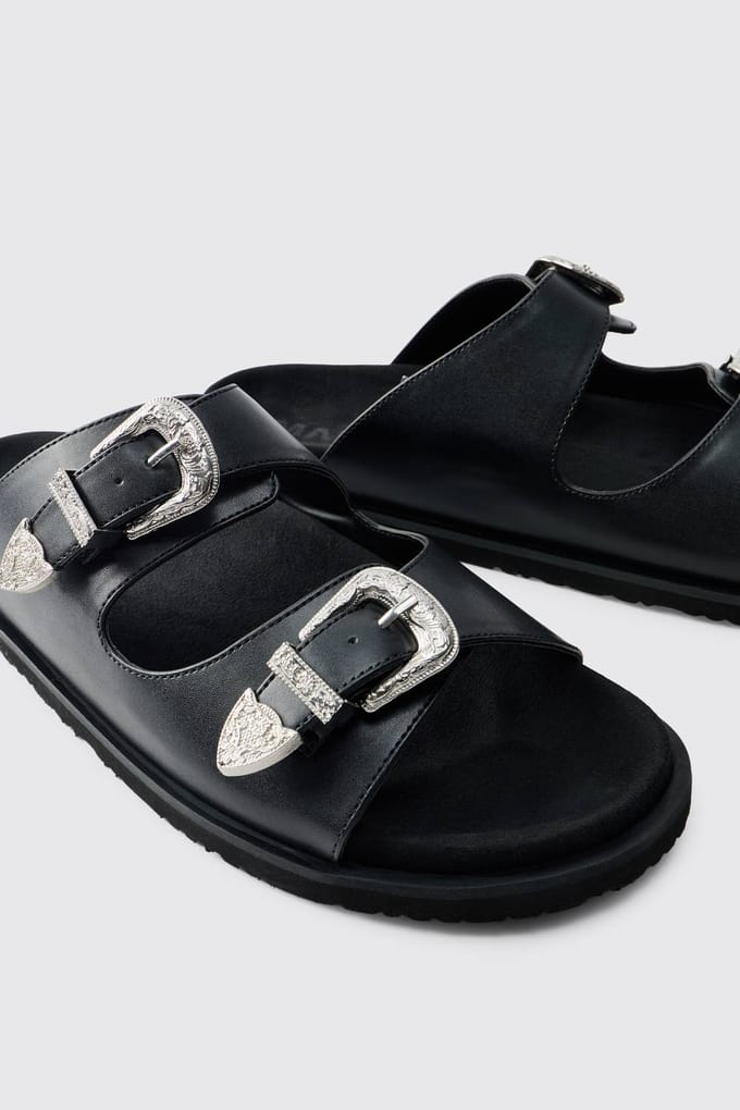 Faux Suède Sandaal Met Dubbele Band En Western Gesp | Black | Size 42
