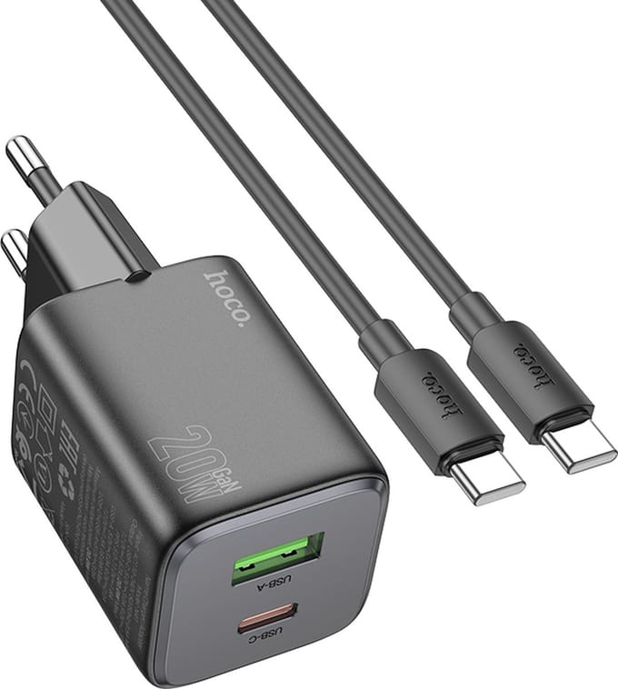 Hoco - 20W USB C en USB A Oplader met Type-C Kabel - Snellader - USB C Adapter - Zwart