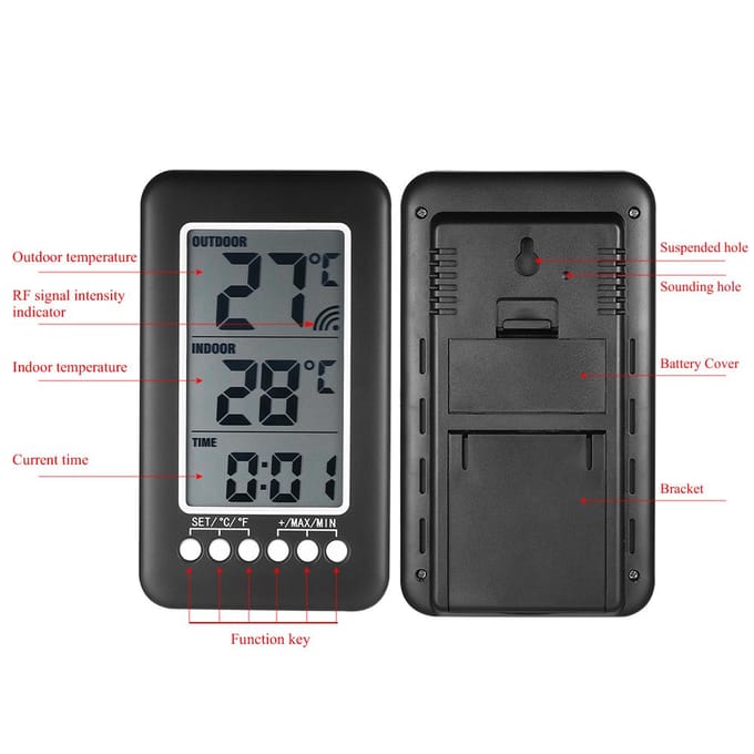 LCD graden Celsius Digitale draadloze binnen-/buitenthermometer Kloktemperatuurmeter met zender gray