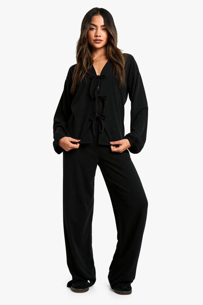 boohoo Dames Rib Tie Front Blouse en Broek Co-ord | Zwart | Maat: 38