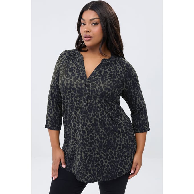 Yours Donkergroene Top Met Luipaardprint En Knoopsluiting Size 46