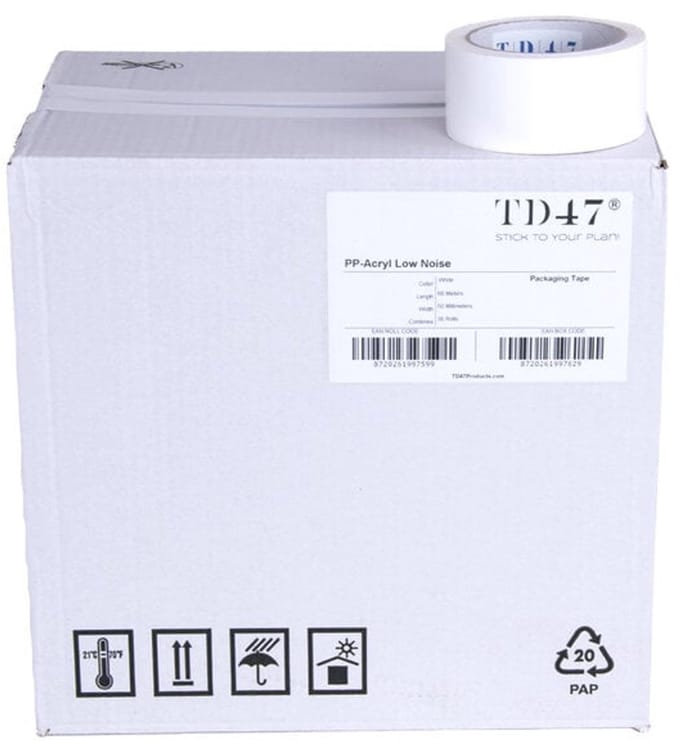 TD47 Verpakkingstape PP low noise 50mm x 66m Wit (Doos 36 Rollen)