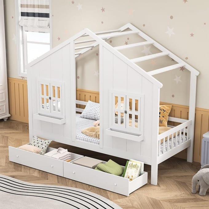 Huisbed 90x200 met Valbeveiliging en Lattenbodem voor Kinderen