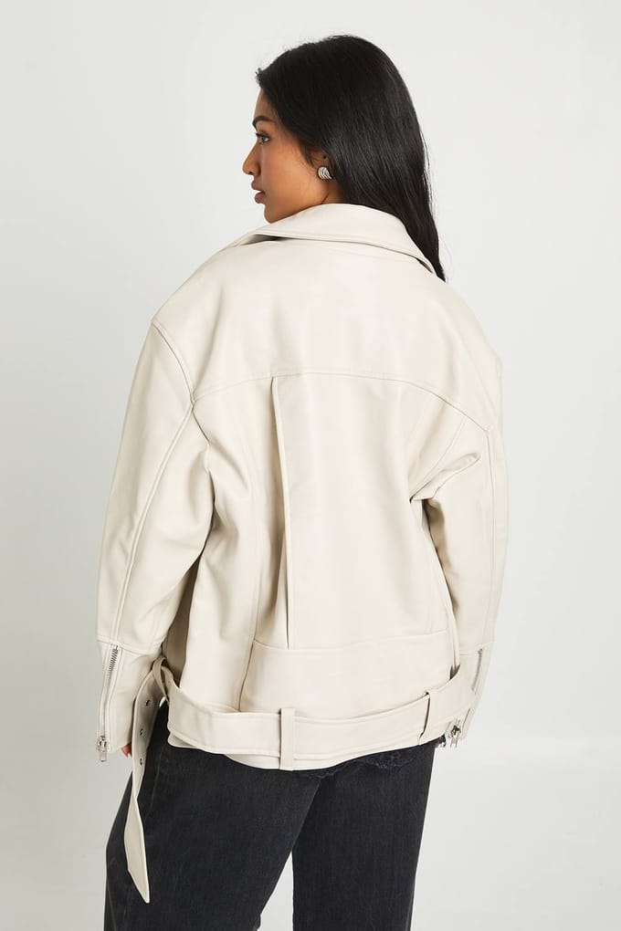 boohoo Dames Super oversized bikerjasje met ceintuur | Stone | Maat: 12