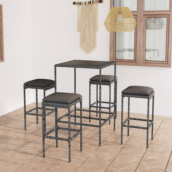 vidaXL - 5-delige - Tuinbarset - met - kussens - poly - rattan - grijs