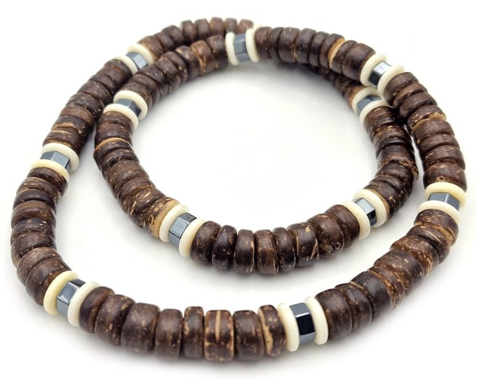 Kralenketting heren - surflook - kokoskralen - hematiet