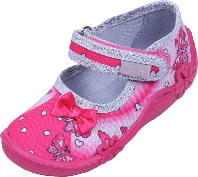 Roze en zilveren slippers met hartjes/vlinders, klittenbandsluiting ALA DRUK