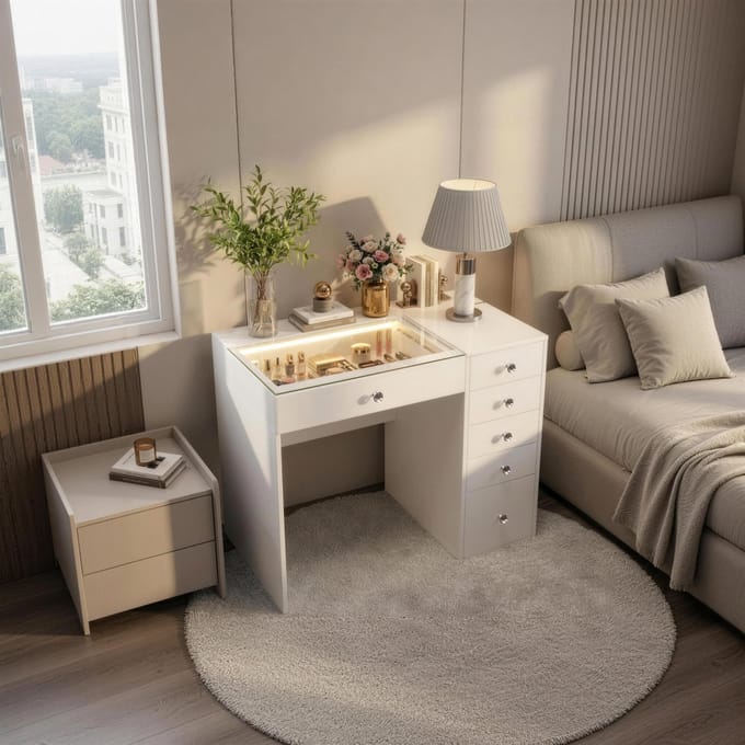 VANITII GLOBAL Kaptafel met Verlichting Licht LED 6 Lades Wit 92 x 55 x 81 cm