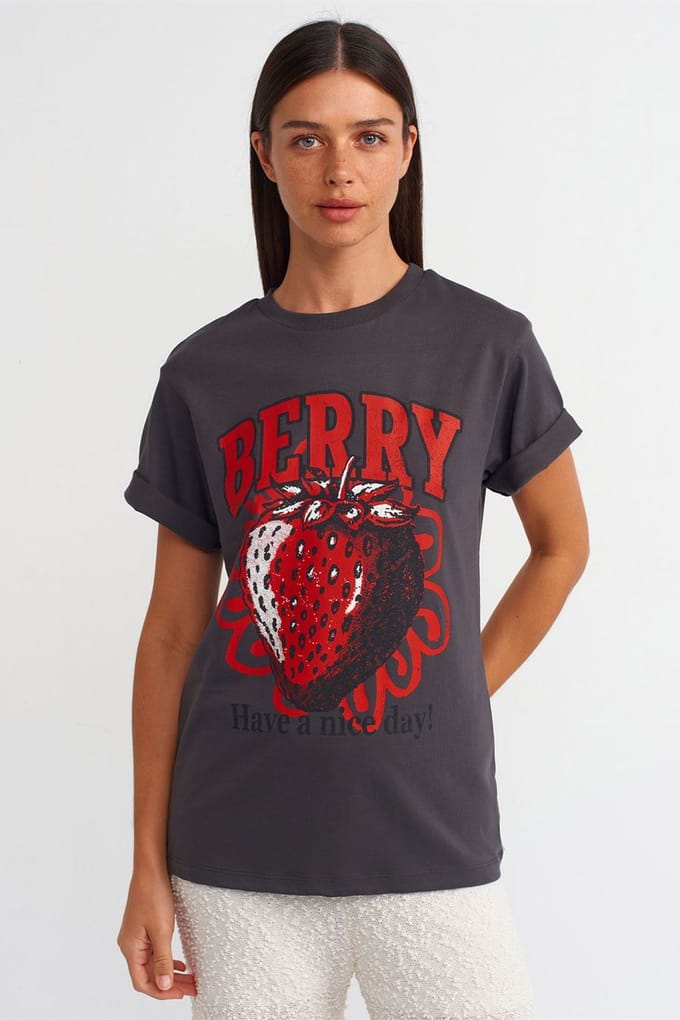 Dames Katoenen Geprinte Rundhals T-Shirt