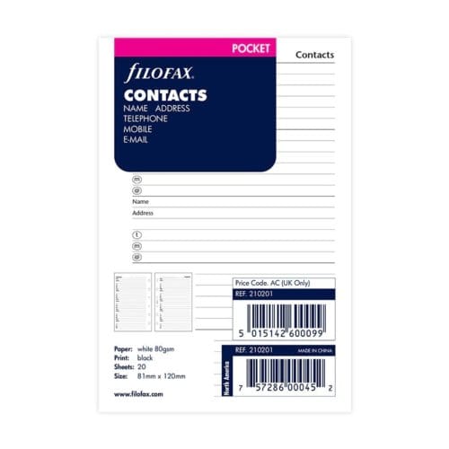 Filofax - vulling pocket - notitiepapier voor adressen- - wit