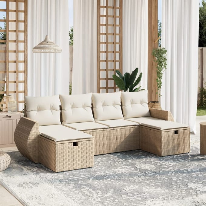 vidaXL - 6-delige - Loungeset - met - kussens - poly - rattan - beige
