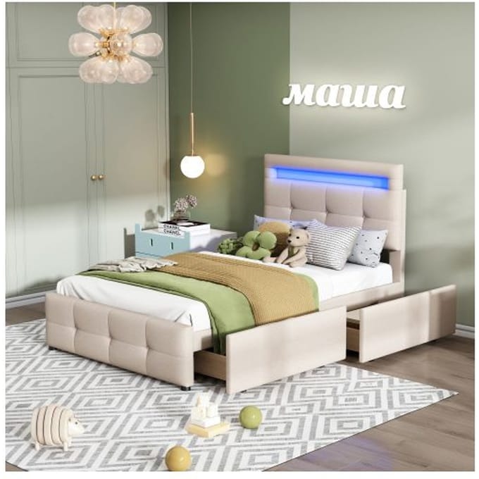 Bed 90x200 cm - MUVOE - Gestoffeerd - LED-verlichting - 2 lades - Beige beige