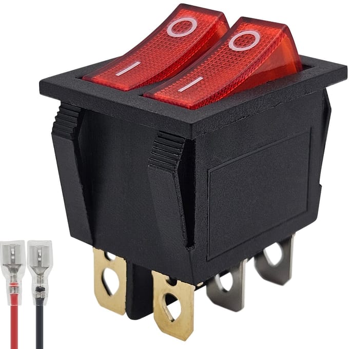 ProRide Dubbele Wipschakelaar ON-OFF KCD6-202 - met Aansluitkabel - 3 Polig - 250V/16A - 30x22mm - Rood met lampje
