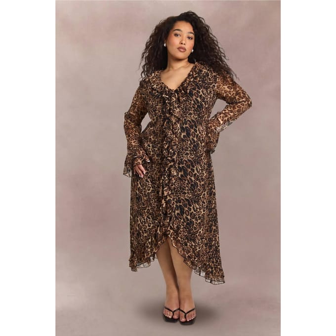boohoo Dames Plus Chiffon Luipaard Ruffle Midaxi Jurk | Luipaardprint | Maat: 44