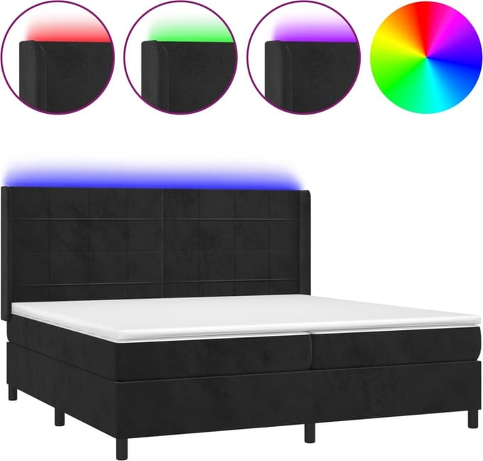 vidaXL - Boxspring - met - matras - en - LED - fluweel - zwart - 200x200 - cm