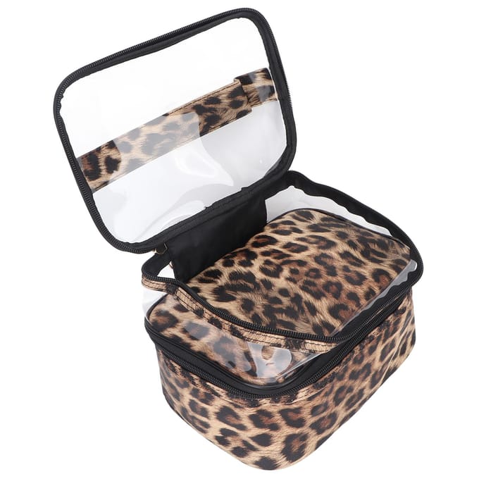 Dubbellaagse Cosmetische Tas PVC Luipaardprint Ontwerp Draagbaar Grote Capaciteit Make-uptas met Rits gray
