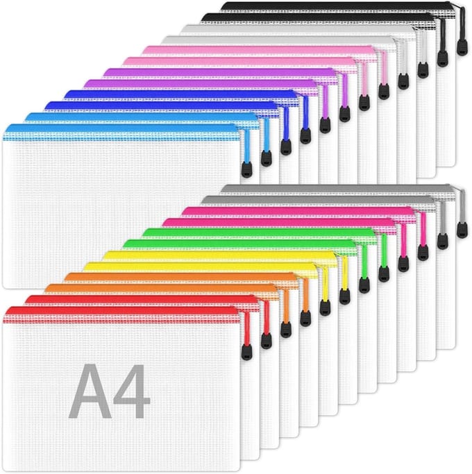 A4, 24 stuks documententassen met ritssluiting, waterdichte plastic ritszakken voor documenten, papier, cosmetica (12 kleuren)