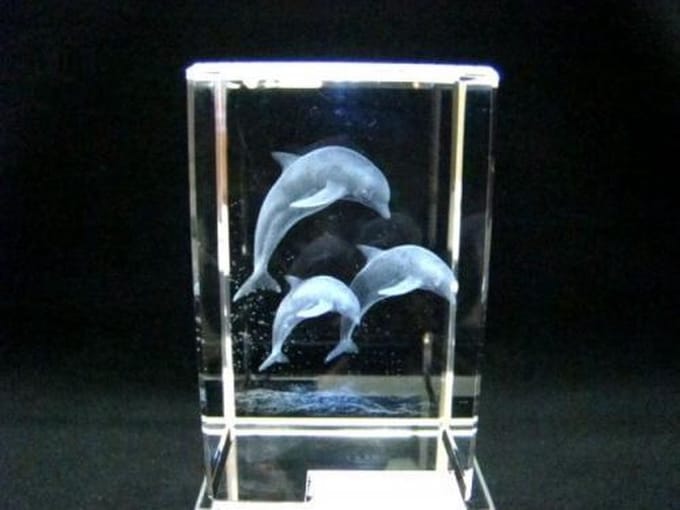 3D lasergravure dolfijnen – Glasblokje – 5 x 5 x 8 cm – Decoratie