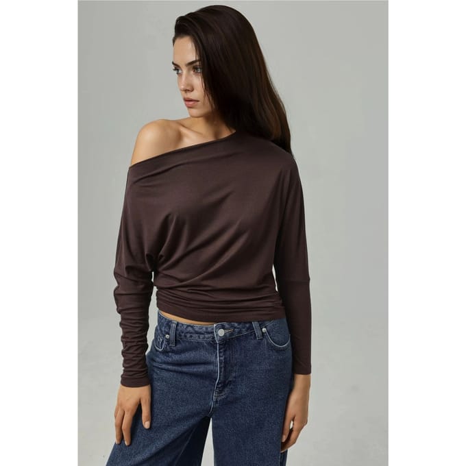 Asymmetrische Kraag Lange Mouw Elastische Gebreide T-shirt