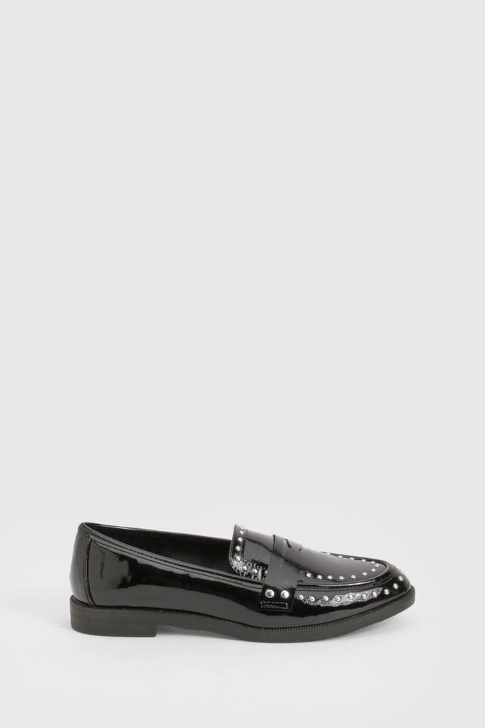 boohoo Dames Patentleerloafer met studs | Black | Maat: 3