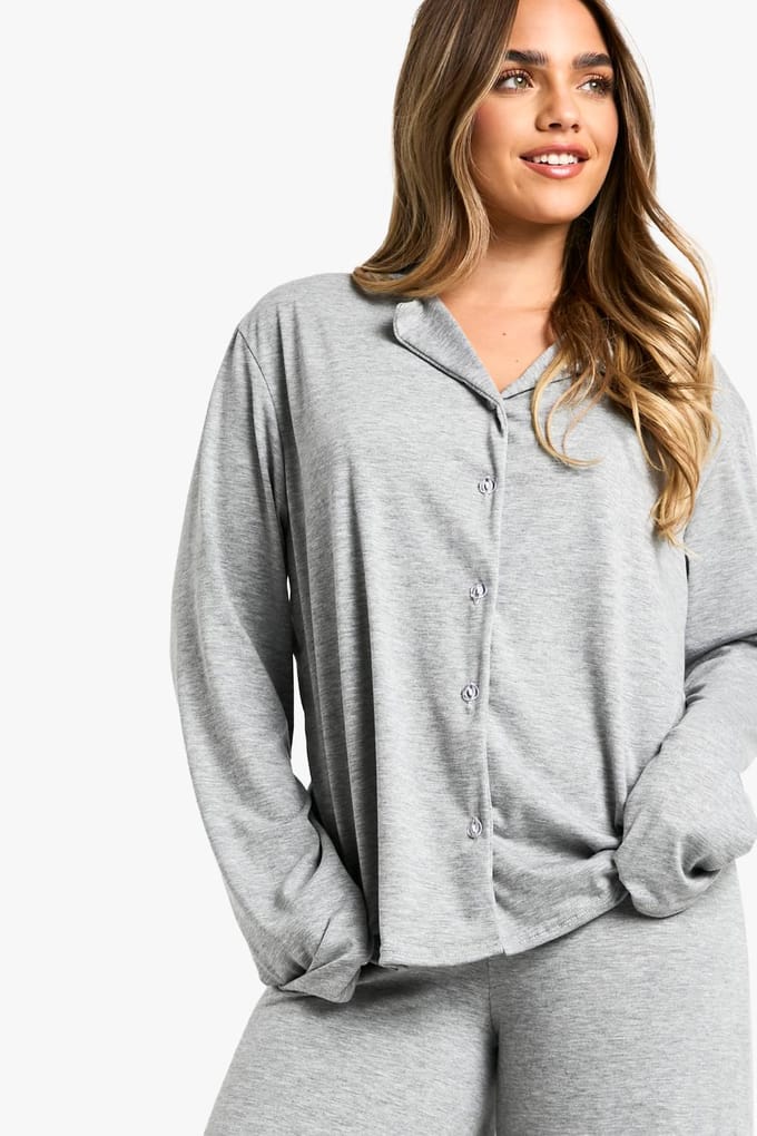 boohoo Dames Petite Langarm Shirt & Broek Pyjama Set | Grey | Maat: 10