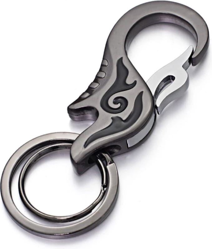 Bewerkte Grijskleurige Sleutelhanger Dubbele Ring en Musketon
