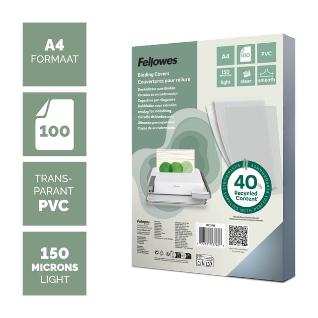 Fellowes dekblad pvc, transparant, A4, voor draad- en plasticinbindmachines, 150 µm, 100